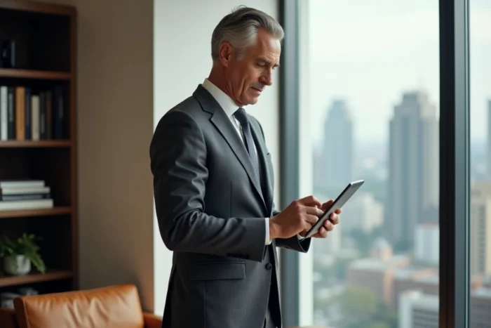 Homme d'affaires accédant à son espace client bancaire privé BNP Paribas sur une tablette depuis son bureau à domicile