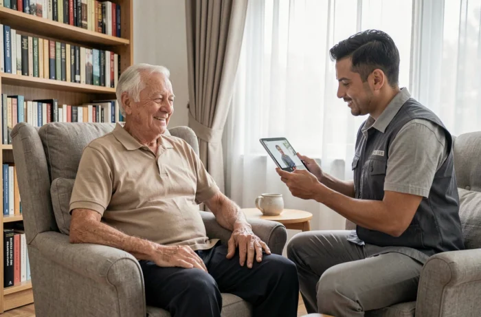 Un assistant accompagne un homme âgé lors d'un appel vidéo sur tablette dans un salon confortable