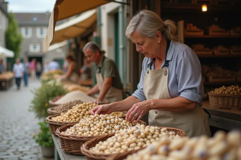 Femme choisissant des haricots coco de Paimpol frais sur un marché breton traditionnel
