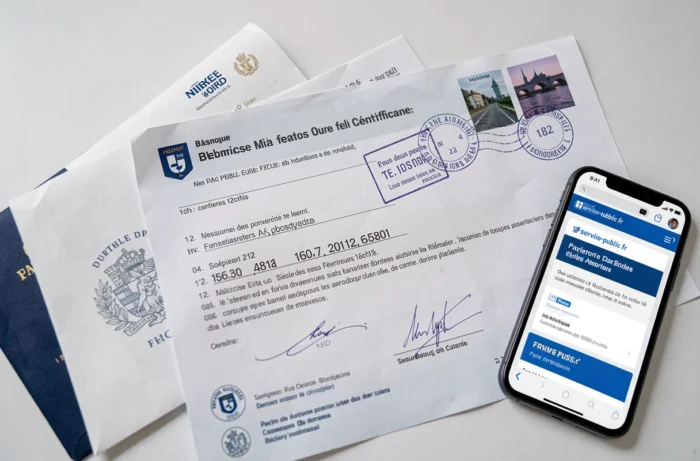 Acte de naissance français, passeport et courrier officiel posés sur un bureau, illustrant les démarches administratives depuis l'étranger