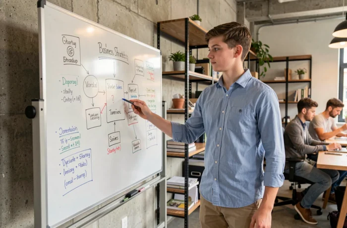Adolescent entrepreneur présentant une stratégie commerciale sur un tableau blanc dans un espace de coworking