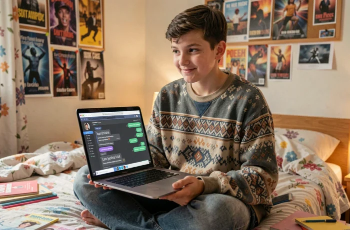 Adolescent sur un lit utilisant un ordinateur portable pour personnaliser les polices de texte sur Discord