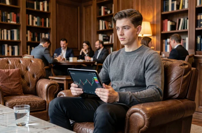 Jeune adolescent millionnaire analysant son portefeuille d'investissement dans un club privé luxueux