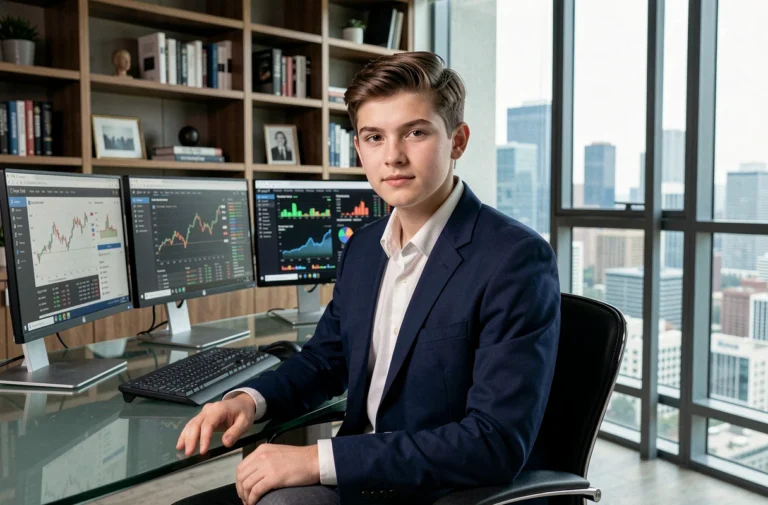 Jeune adolescent fortuné travaillant sur plusieurs écrans dans un bureau moderne et luxueux avec vue sur la ville