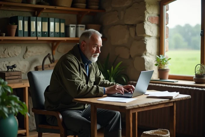 Agriculteur consultant un site de vente de matériel agricole en ligne sur son ordinateur portable dans un bureau de ferme rustique