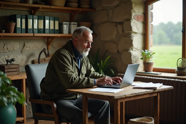 Agriculteur consultant un site de vente de matériel agricole en ligne sur son ordinateur portable dans un bureau de ferme rustique