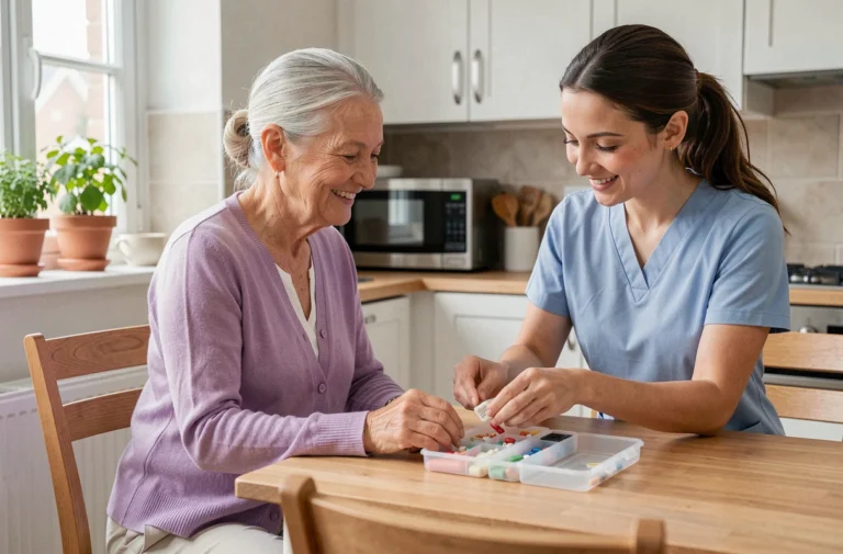 Aide à domicile aidant une femme senior à organiser ses médicaments dans une cuisine moderne et chaleureuse