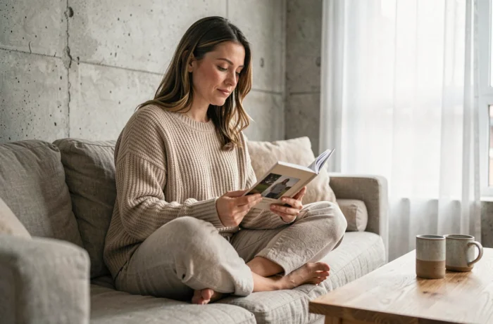 Femme feuilletant un album photo avec nostalgie dans un salon minimaliste et cosy