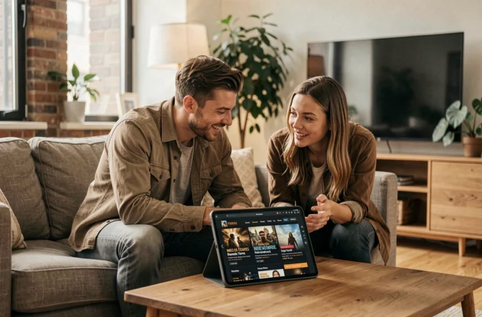 Deux amis choisissant un film ensemble sur une tablette affichant un site de streaming dans un salon contemporain