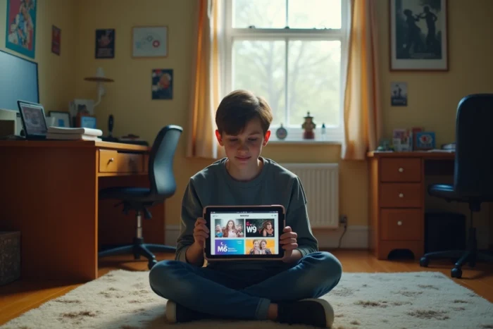 Adolescent utilisant l'application 6play sur tablette dans une chambre
