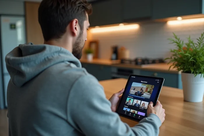 Homme utilisant l'application Molotov TV sur une tablette dans une cuisine moderne