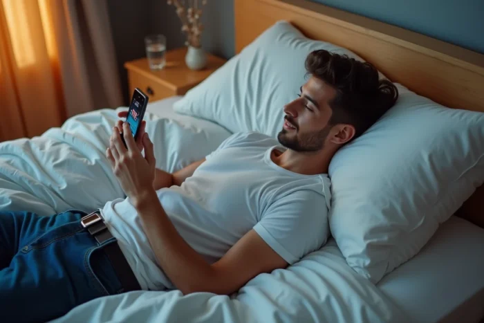 Jeune homme regardant MyTF1 sur smartphone allongé sur son lit