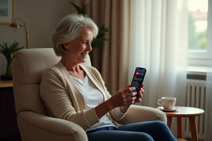 Femme regardant une application TNT légère en direct sur smartphone dans un salon minimaliste