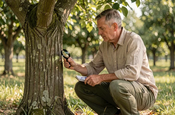 Arboriculteur inspectant l'écorce d'un mûrier platane à la recherche de signes d'attaque par le xylotrechus stebbingi
