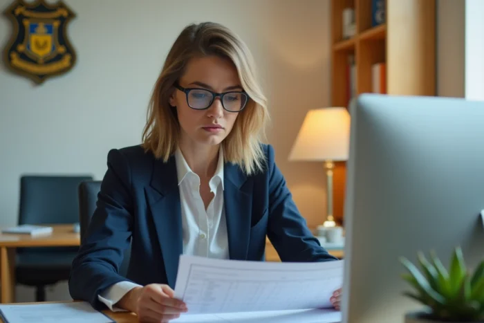 Une assistante administrative en collectivité territoriale travaillant sur des documents officiels dans un bureau municipal