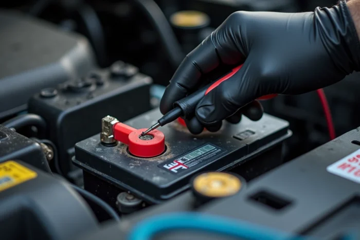 Gros plan sur la batterie et le capteur de courant d'une Renault Clio 4 lors d'un diagnostic du système stop and start défaillant