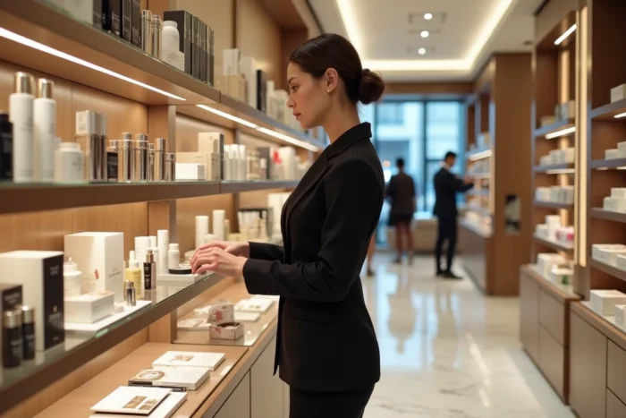 Intérieur d'une boutique de beauté haut de gamme avec une conseillère arrangeant des produits cosmétiques sur des étagères rétroéclairées