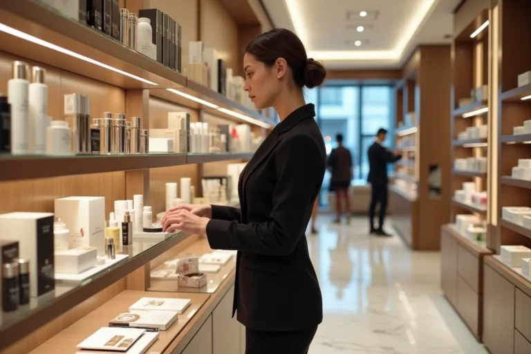 Intérieur d'une boutique de beauté haut de gamme avec une conseillère arrangeant des produits cosmétiques sur des étagères rétroéclairées
