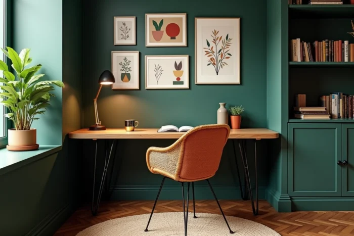 Coin bureau à domicile avec un bureau en chêne recyclé, une chaise en rotin et un mur galerie de gravures botaniques sur fond vert forêt