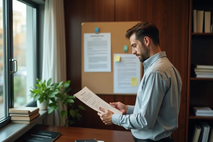Cadre masculin lisant une note de service affichée sur un tableau liège dans un bureau d'entreprise