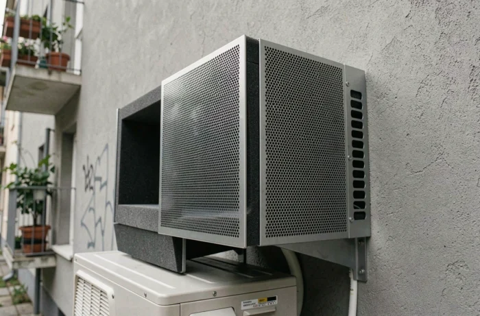 Gros plan sur un caisson anti bruit acoustique installé sur une unité de climatisation extérieure