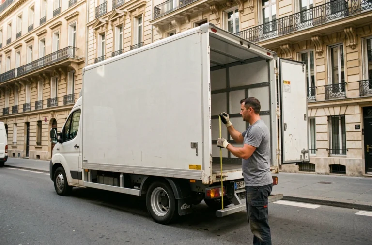 Homme mesurant l'ouverture du hayon d'un camion de déménagement 11 m3 garé dans une rue résidentielle parisienne