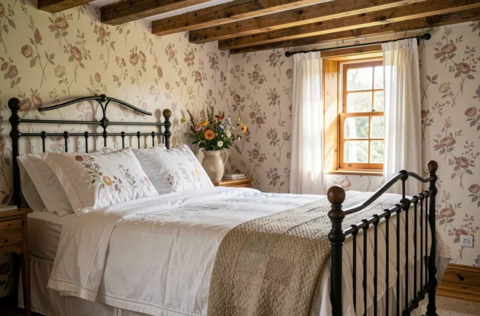 Chambre confortable et authentique d'une maison d'hôtes normande avec poutres en bois et linge blanc