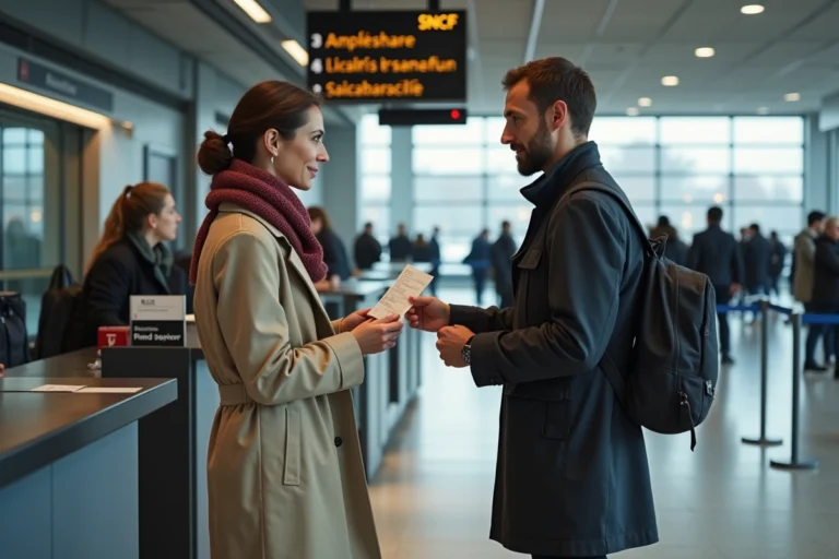 Femme changeant le nom sur un billet SNCF au guichet d'une gare française
