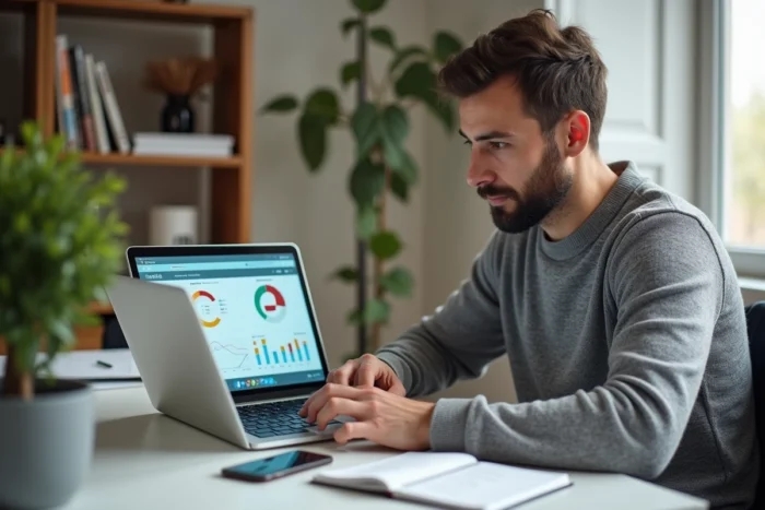 Un chargé de communication digitale travaillant en télétravail partiel depuis son bureau à domicile avec un laptop