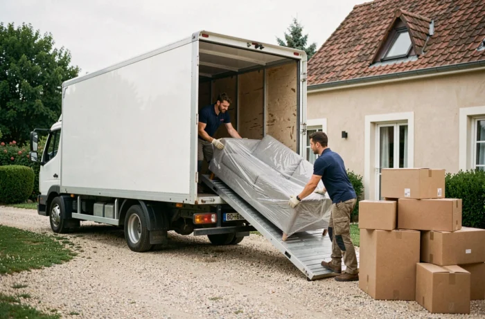 Deux déménageurs chargeant un canapé dans un camion 11 m3 devant une maison pavillonnaire française