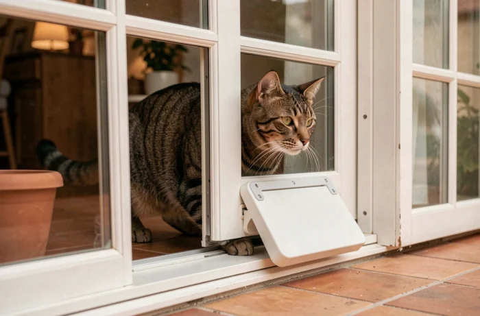 Chat tigré passant par une chatière magnétique amovible dans une porte-fenêtre à double vitrage sans perçage