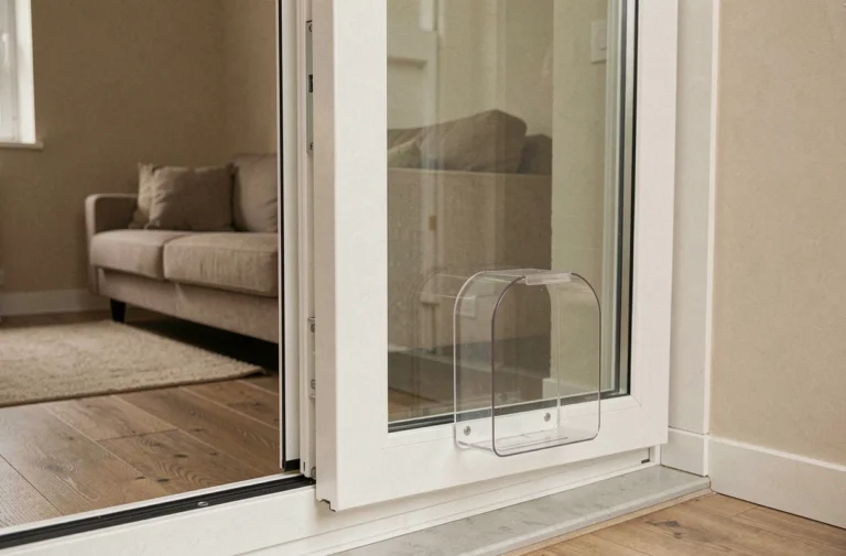 Chatière amovible transparente installée dans une porte-fenêtre coulissante blanche d'un appartement meublé en location