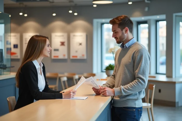 Client discutant d'une opération bancaire en attente avec un conseiller dans une agence La Banque Postale