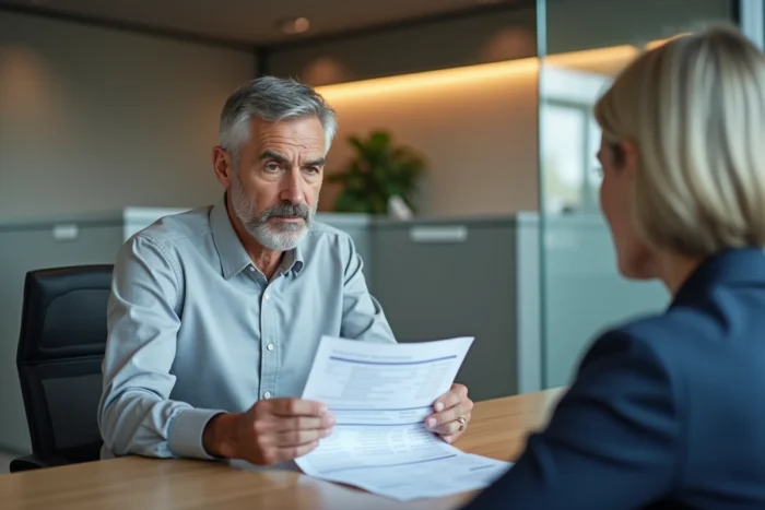 Client discutant de son découvert autorisé avec un conseiller Crédit Agricole en agence bancaire