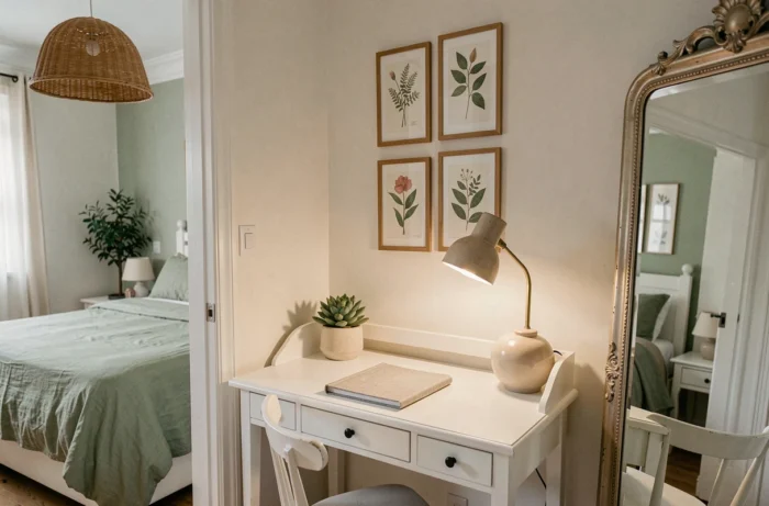Coin bureau décoré dans une chambre style campagne française avec plantes succulentes, impressions botaniques et linge de lit en lin vert sauge