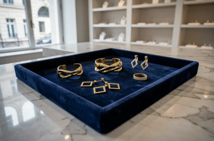 Assortiment de bijoux Torrente en or sur plateau de velours bleu dans une boutique parisienne minimaliste