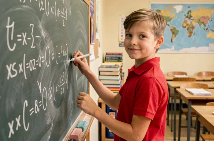 Collégien confiant écrivant des équations algébriques au tableau noir en classe, illustrant la progression en mathématiques