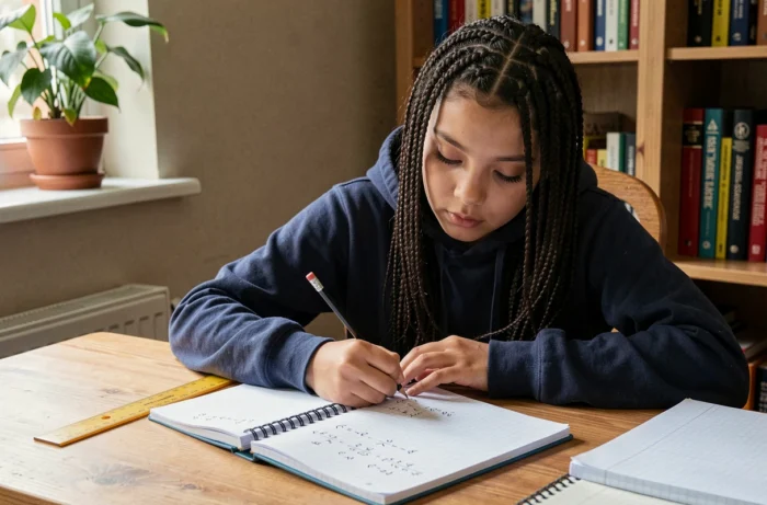 Jeune collégienne concentrée sur ses exercices de mathématiques à son bureau, entourée de cahiers et d'une règle de géométrie