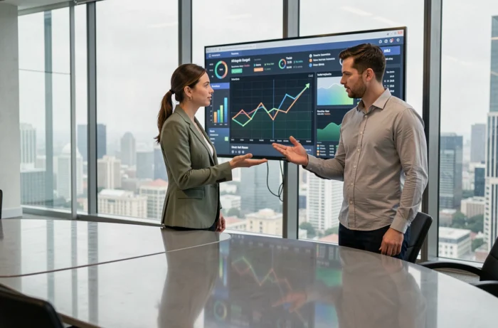 Deux collègues analysant des tableaux de bord d'intelligence artificielle sur un écran interactif, innovations 2024