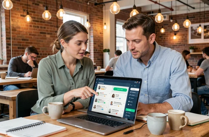 Deux collègues collaborant sur une stratégie de veille web digitale dans un espace de coworking