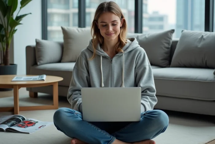 Femme explorant une communauté automobile en ligne sur son ordinateur portable dans un salon moderne