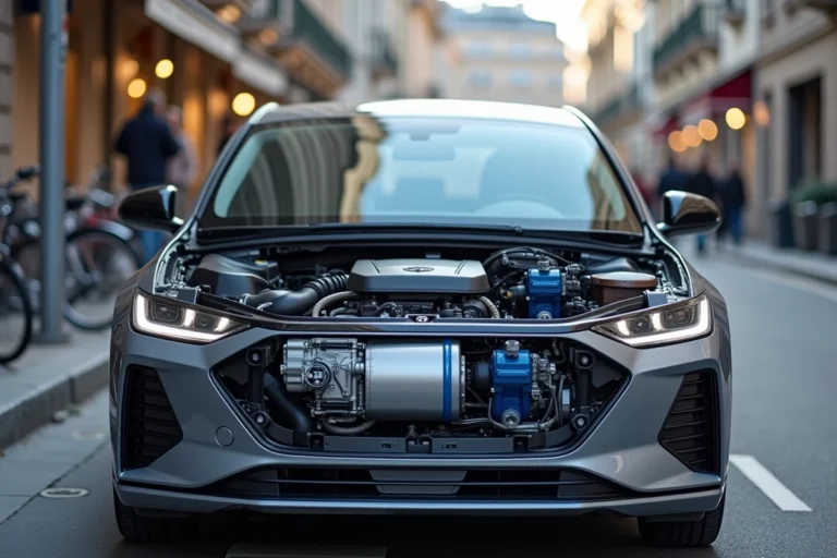 Vue du compartiment moteur d'un véhicule hybride montrant le moteur électrique et thermique côte à côte