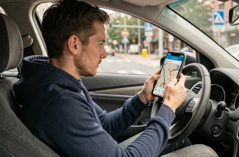 Conducteur consultant Google Maps sur smartphone monté sur tableau de bord pour afficher les radars sur le trajet