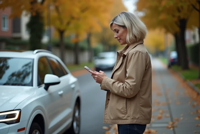 Femme inquiète consultant son téléphone à côté de son Audi garée sur le bord de la route après l'allumage du voyant EPC