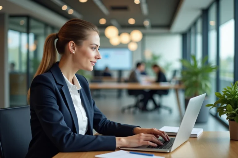 Femme agent immobilier IAD connectée à son compte intranet sur un ordinateur portable dans un bureau professionnel