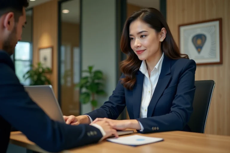 Femme professionnelle connectée à son espace client MaBanquePrivée BNP Paribas sur un ordinateur portable dans un bureau bancaire moderne