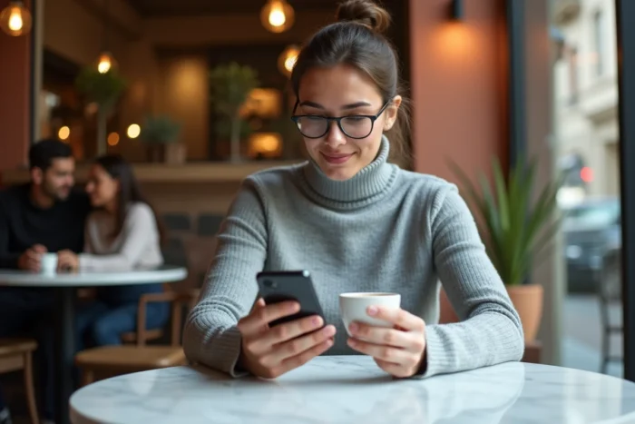 Jeune professionnel se connectant à l'espace client MaBanquePrivée BNP Paribas sur smartphone dans un café haut de gamme