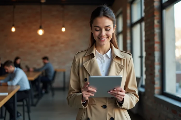 Jeune professionnelle IAD consultant son compte intranet sur tablette dans un espace de coworking