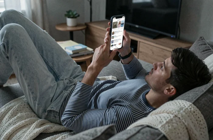 Personne allongée sur un canapé consultant des stories Instagram de manière anonyme sur son téléphone dans un salon cosy
