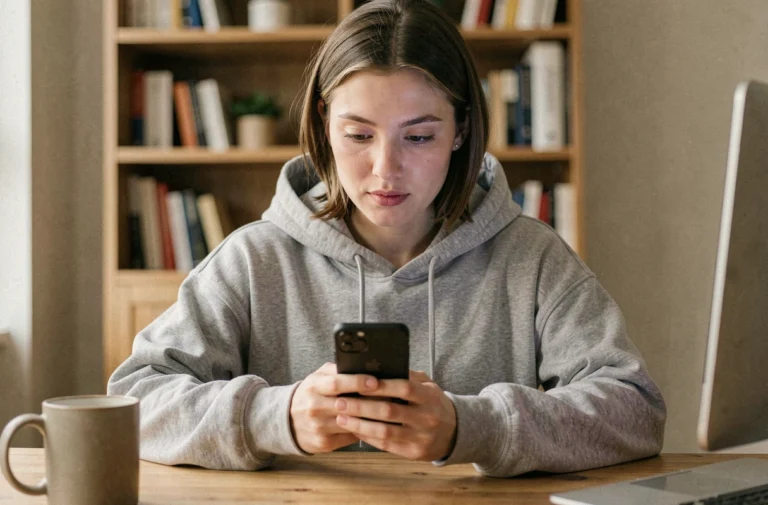Jeune femme consultant anonymement des stories Instagram sur son smartphone depuis un bureau à domicile